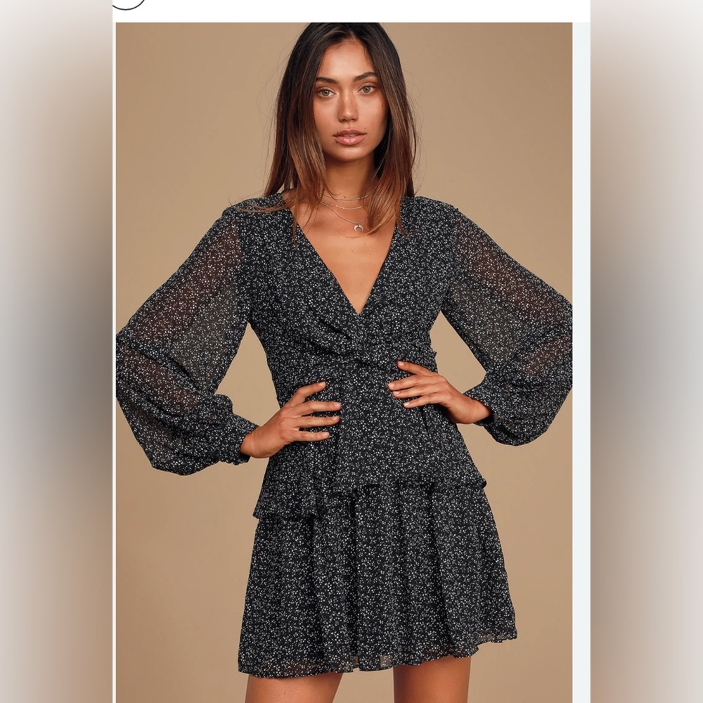 LULUS Tell You I Love You Black Floral Print Twist-Front Tiered Mini Dress Small